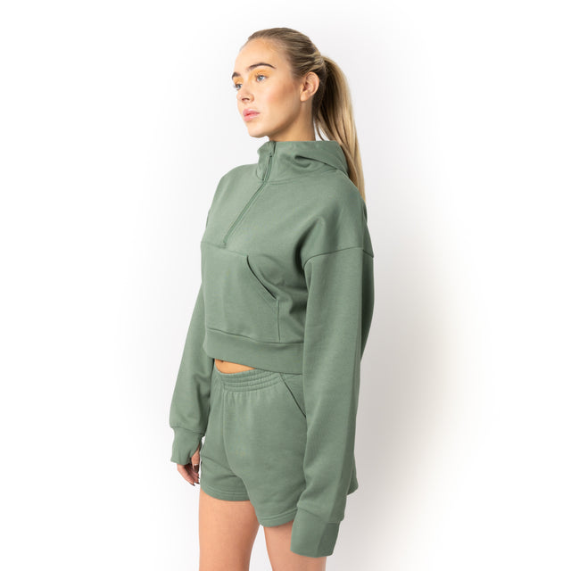 HERO-4220C Cropped Drop Shoulder Scuba 1/2 Zip Hoodie - Dusty Green