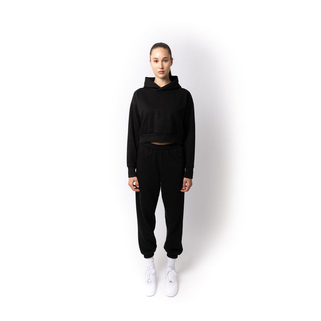 HERO-2120C Cropped Drop Shoulder Pullover Hoodie - Black