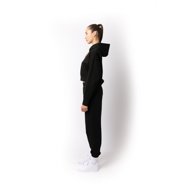 HERO-2120C Cropped Drop Shoulder Pullover Hoodie - Black