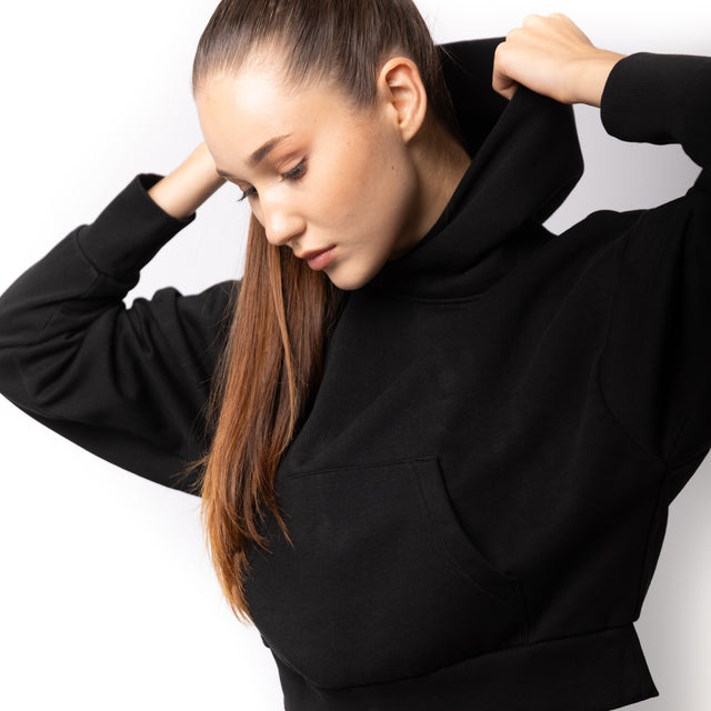 HERO-2120C Cropped Drop Shoulder Pullover Hoodie - Black